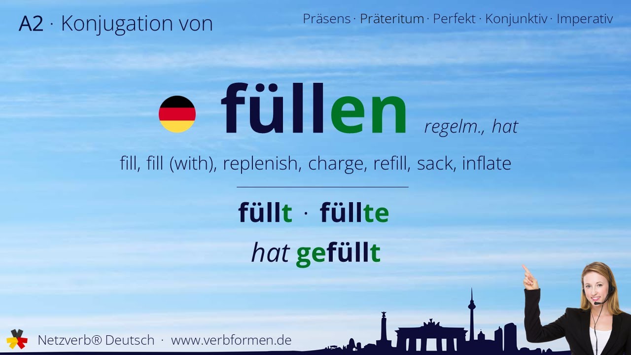 Konjugation Verb &bdquo;f&uuml;llen&ldquo; (regelm., hat) - alle Zeitformen, Lernvideo, Tutorial