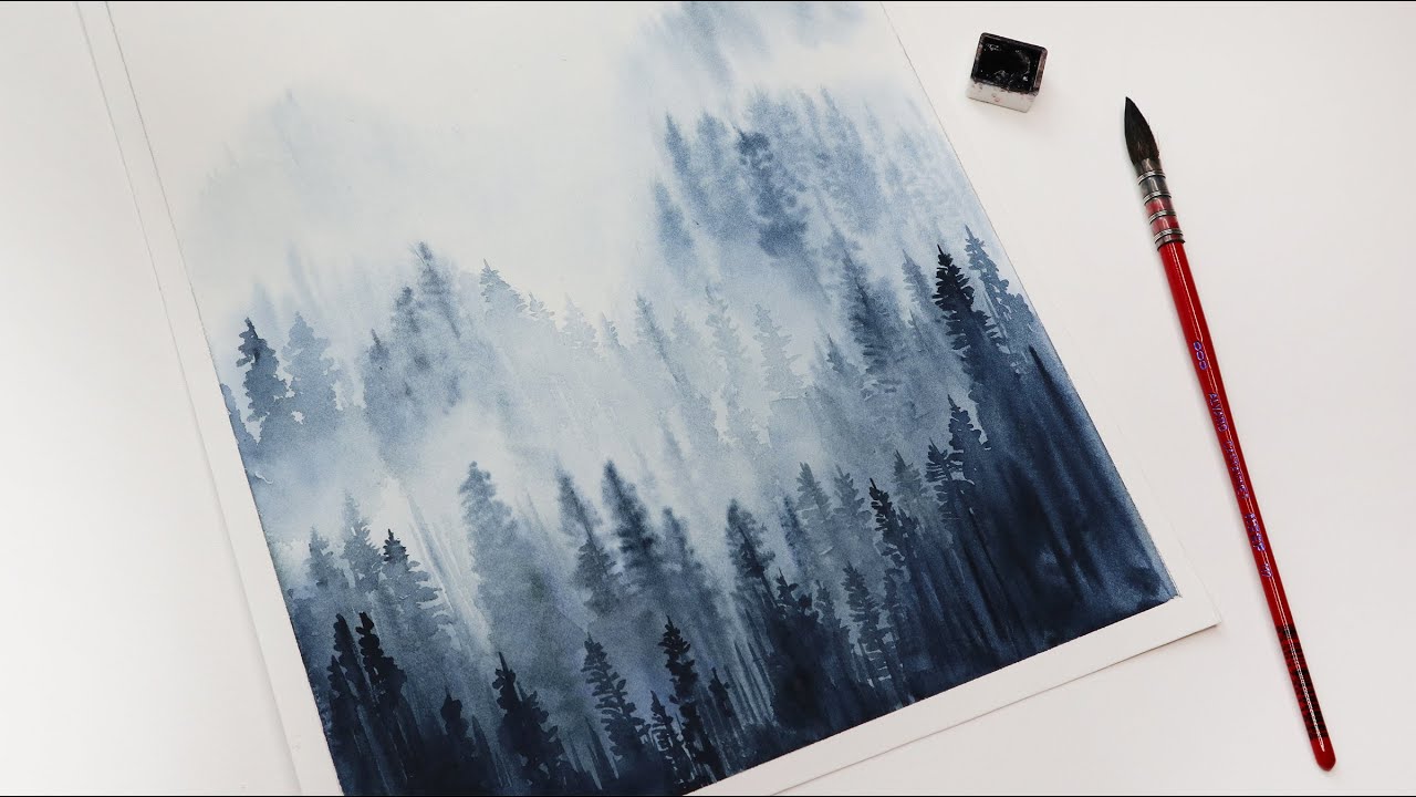 Easy Watercolor Misty Forest Painting Tutorial for beginners/How to/ One Color painting