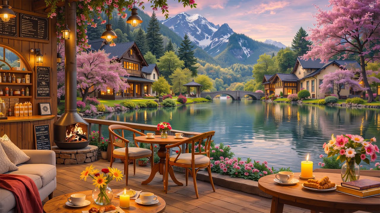 Peaceful Spring Jazz Music Café by the Lake 💐☕ Smooth Coffee Ambience for Focus, Study & Work
