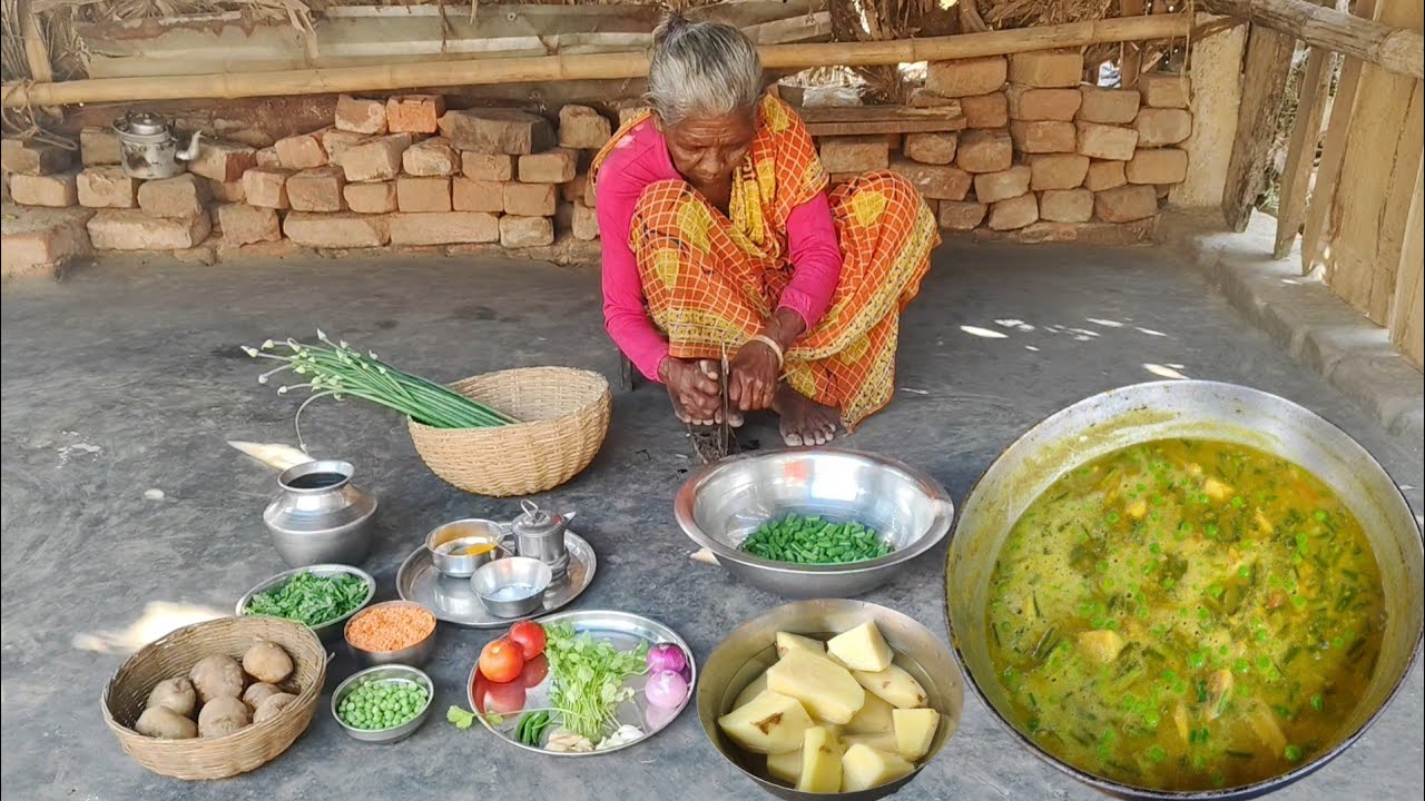 rural tribal grandma VEGETABLE CURRY prepared by for lunch noon. 