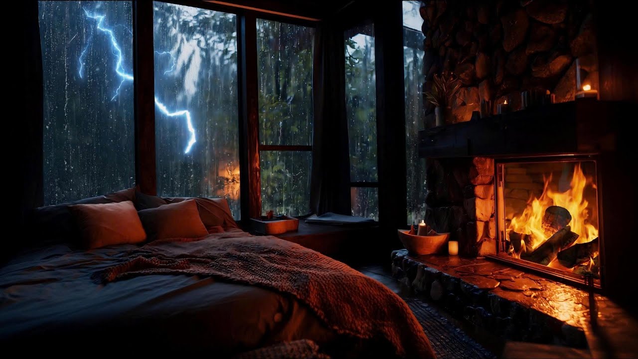 Stormy Rain • Crackling Fireplace | Deep Night Relaxation 