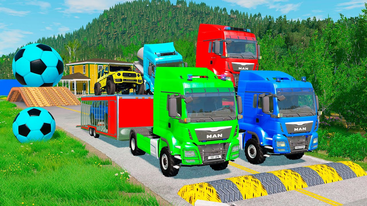 Triple Flatbed Trailer McQueen Transportation with Truck - Speedbumps vs Cars vs Train - BeamNG 0128
