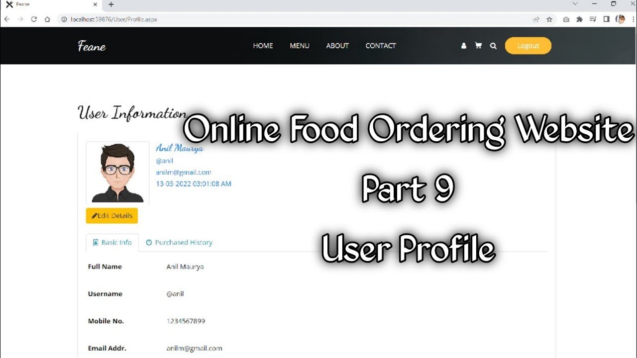 Online Food Ordering Website Part 9 Using Asp.Net C# & Sql Server | User Profile