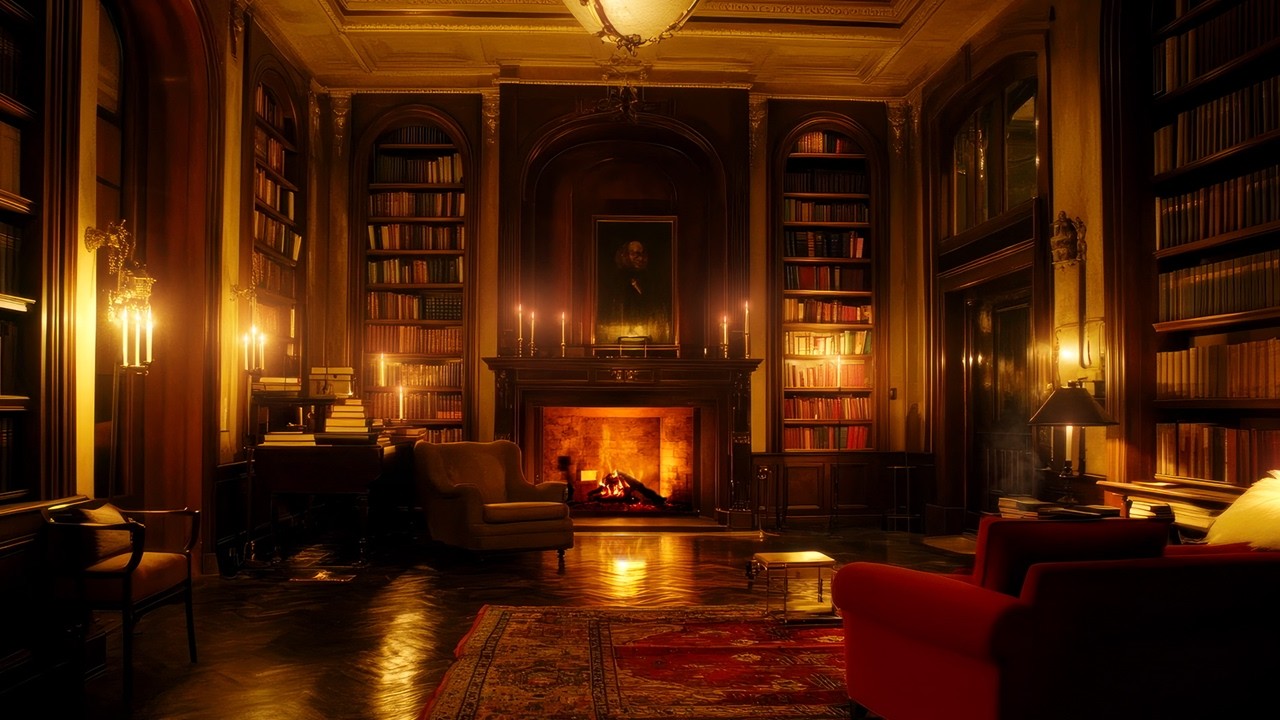 Cozy Reading Room Ambience with Warm Fireplace Sounds for Six Relaxing Hours