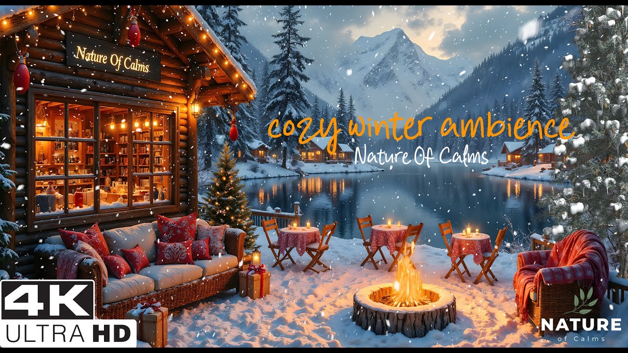 Cozy Winter Cabin Ambience ❄️ Snowfall, Firepit & Peaceful Lake
