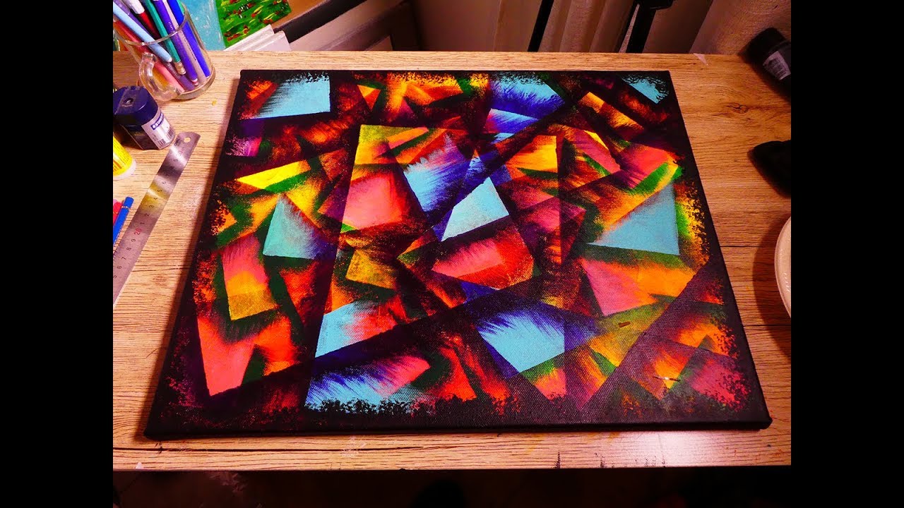 Acrylic Geometric Abstract Painting On Canvas Using A4 Paper Creating Layers Technique