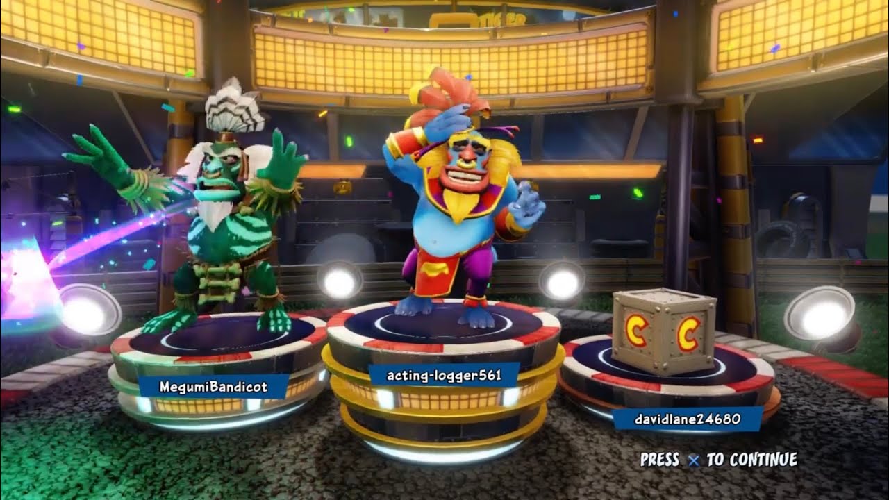 Krunk and Jurassic Krunk Winning Podium. (Crash Nitro Fueled)