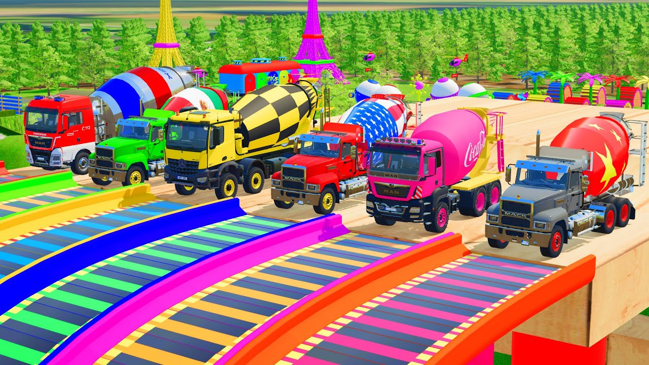 TRANSPORTING OF COLOR - ALL MIXER TRUCK WITH DOUBLE FLATBED TRAILER TRUCK, MACK  - FS22