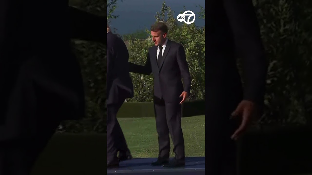 French President Emmanuel Macron greets President Donald Trump at the G7 summit in France