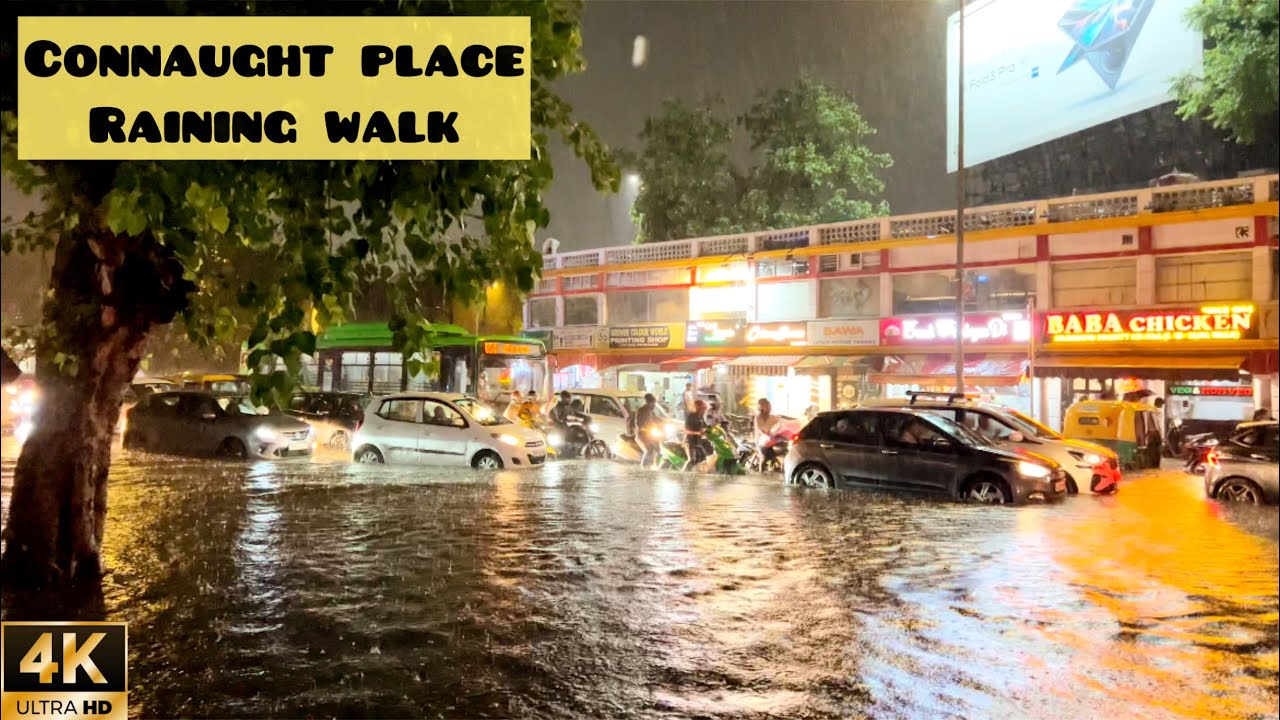 Walking And Exploring-Walk In Heavy Rain In Connaught Place New Delhi India🇮🇳4K Video (Evening Walk)