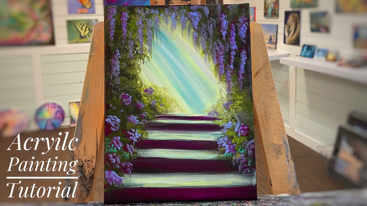 How To Paint A WISTERIA & HYDRANGEA GARDEN / relaxing acrylic painting tutorial