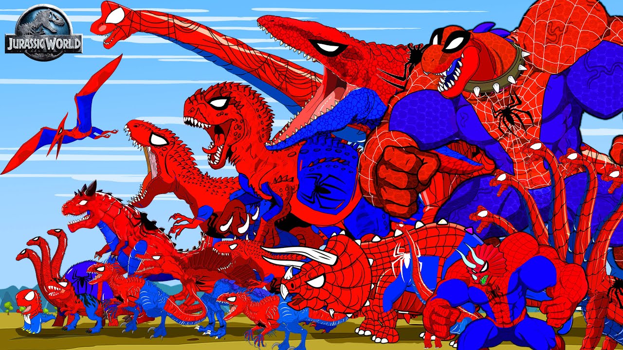 ALL RED SPIDER-MAN DINOSAURS Battle in Jurassic World| SuperHero Dinosaurs Pro Miles Morales Costume