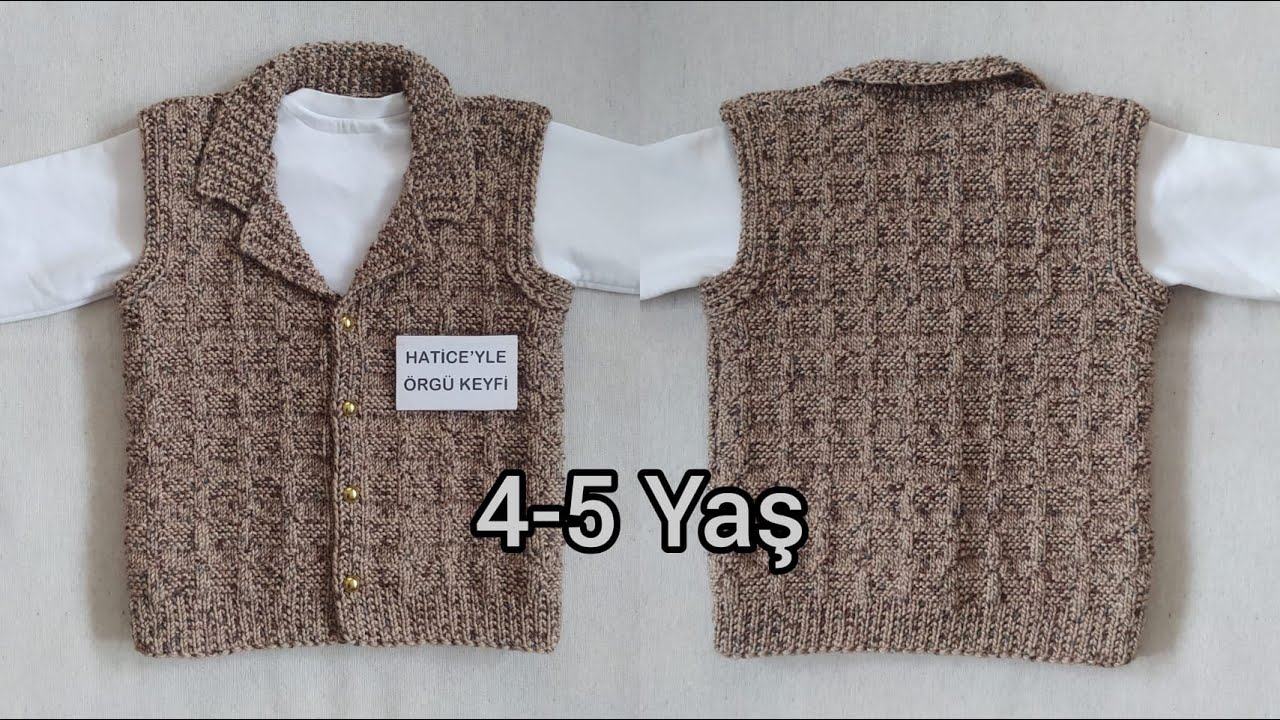 Kahve Çocuk Yelek Yapımı 4 . 5 Yaş Erkek Yaka Kolay Güzel Kullanışlı Örgü Bebek Kazak Süveter Tarifi