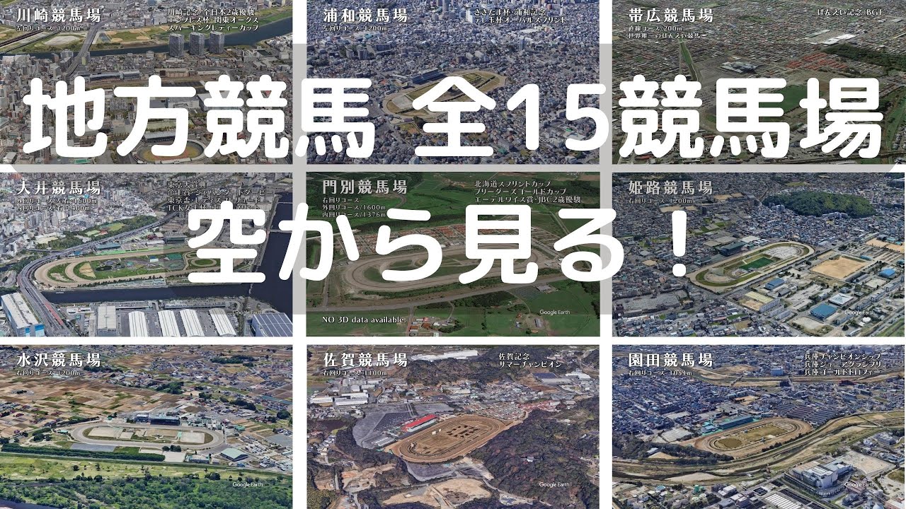 競馬を空から見る！日本の15の地方競馬場：View of the racecourse from the sky! Japan's 15 local racetracks