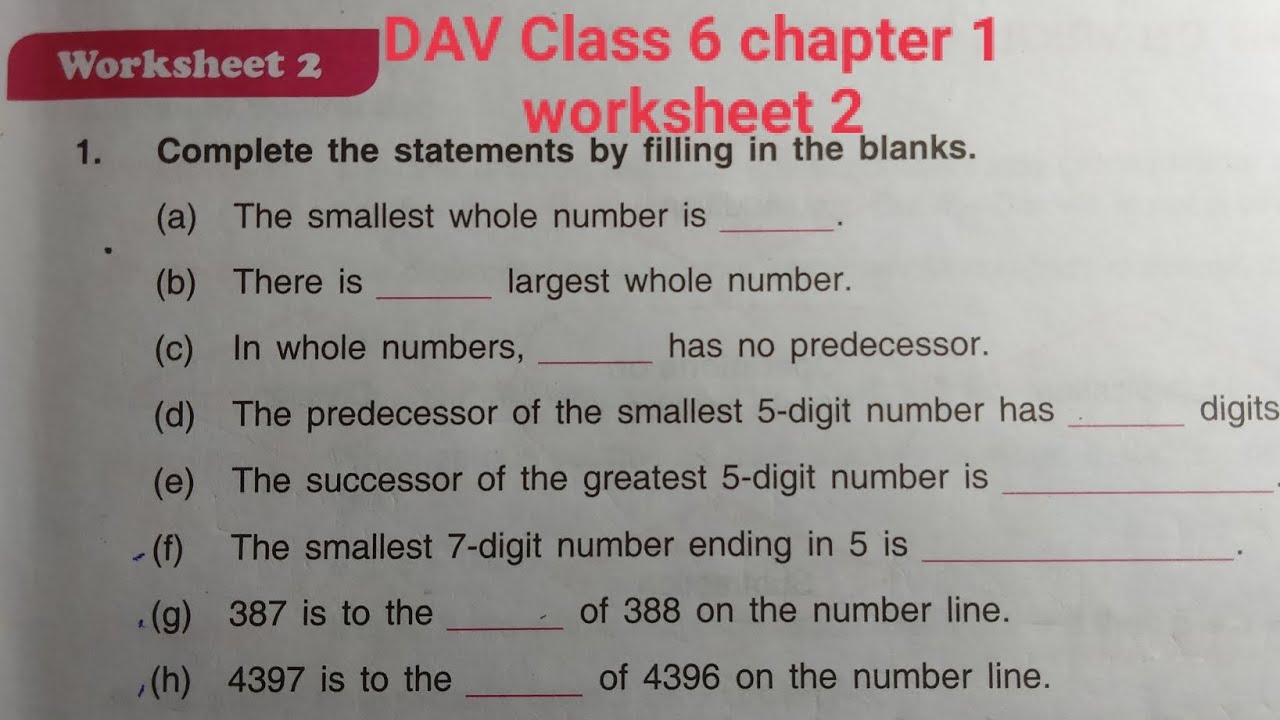 DAV Class 6 maths chapter 1 worksheet 2 ।। Class 6 math chapter 1 worksheet 2 dav public school
