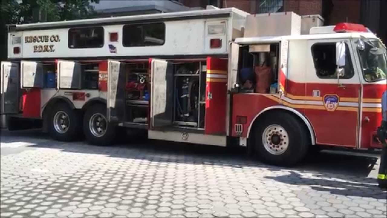 RARE LOOK INSIDE COMPARTMENTS OF FDNY RESCUE 2, (A SPARE), DURING A FIRE PREVENTION WEEK EVENT.