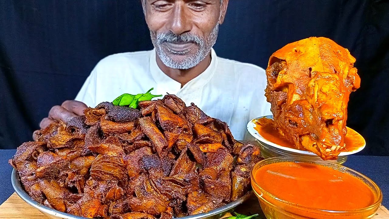 ASMR Eating Crispy Mutton Boti Black Fry, Goat Head Curry with Rice || Mukbang Show || Eating Show