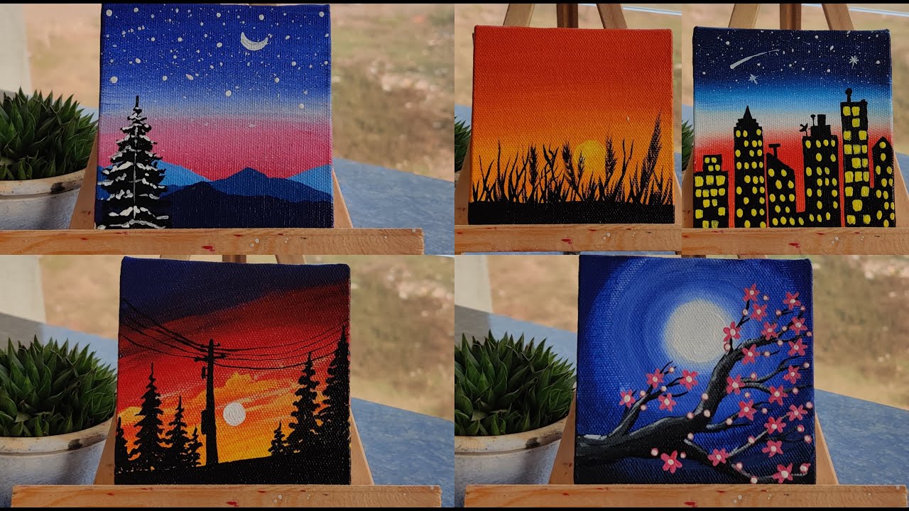5 tiny canvas painting || Complete Guide on Blending Technique || Acrylic Painting on 5 Tiny Canvase