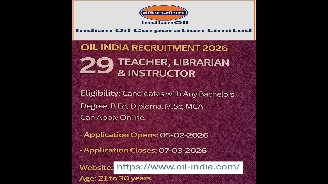 Oil India Recruitment 2026 - Apply Online for 29 Teacher, Librarian and Instructor Posts, #govtjobs