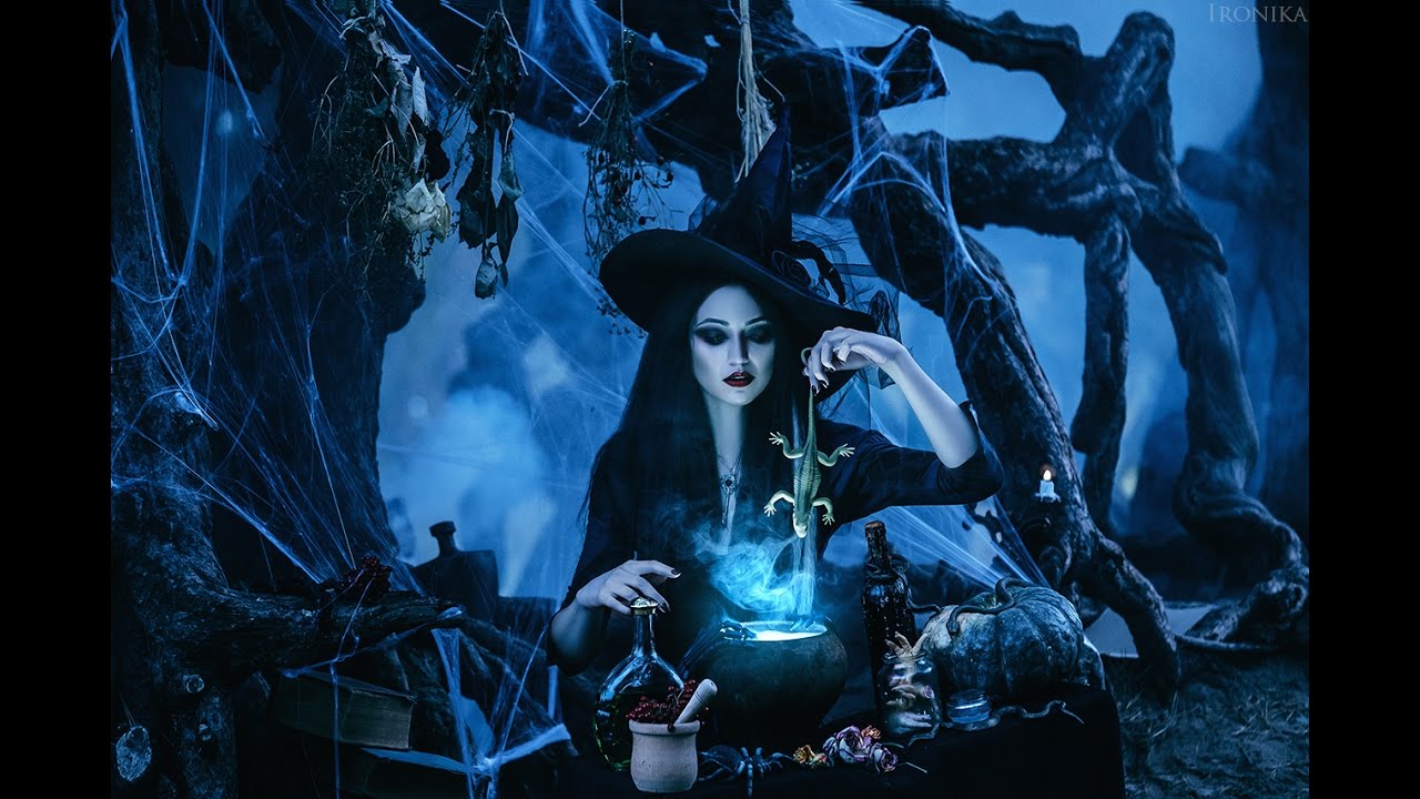 Fantastic photography. Black magic, gothic witch. How are fantasy photos. Backstage filming process.