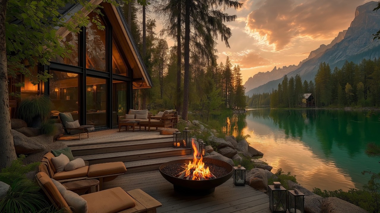 Cozy Golden Spring Morning Lakeside Cabin Ambience | Gentle Firepit, Birds Singing & Water Sounds