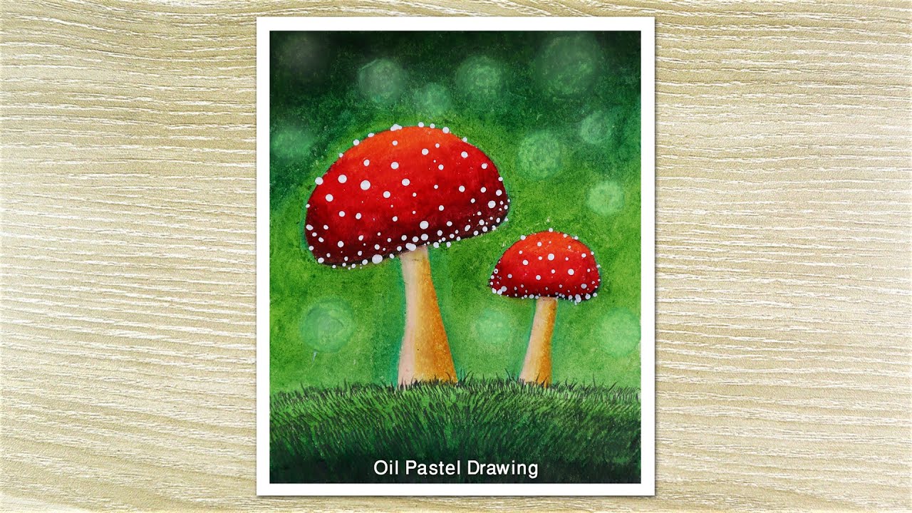 How to draw Realistic drawing with oil pastels, Mushroom drawing