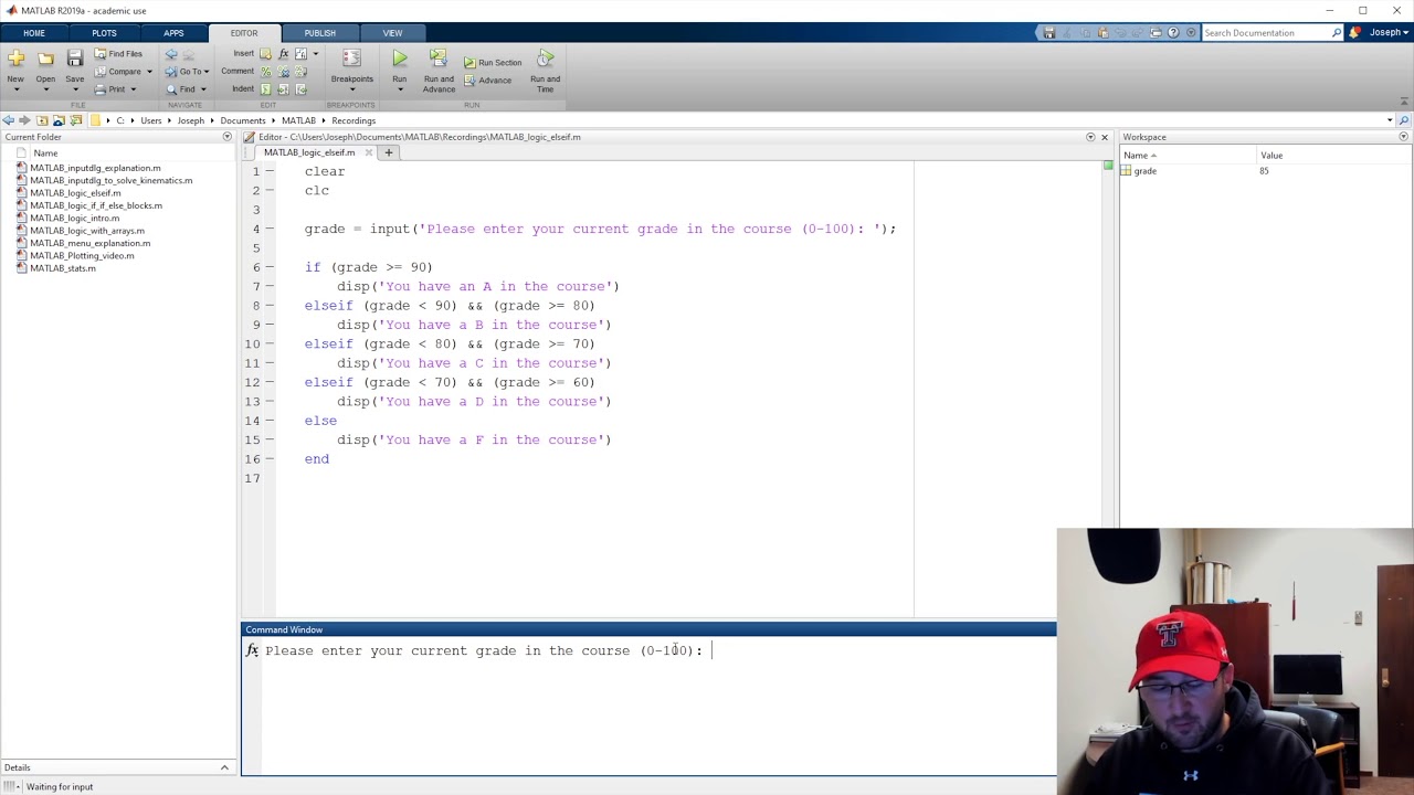 MATLAB Logic Elseif Grades Example