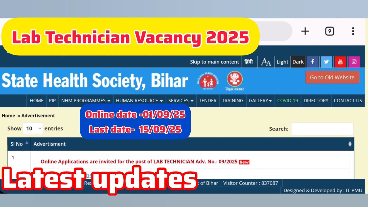 Bihar LabTechnician Vacancy 2025 | SHSB Lab Technician Adv. 09/25 🔥1075 Post,Bihar Health Departmen