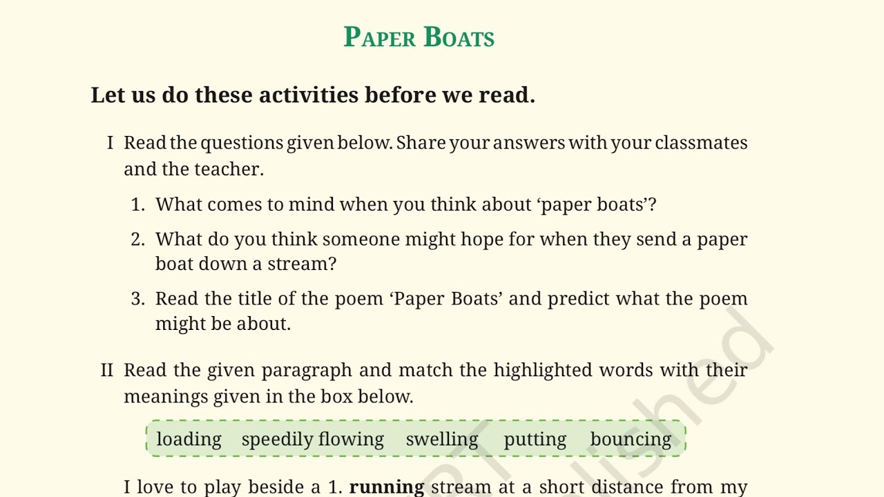 Paper boats , class 7 English new book unit 3 chapter 8 complete solution with question answer 