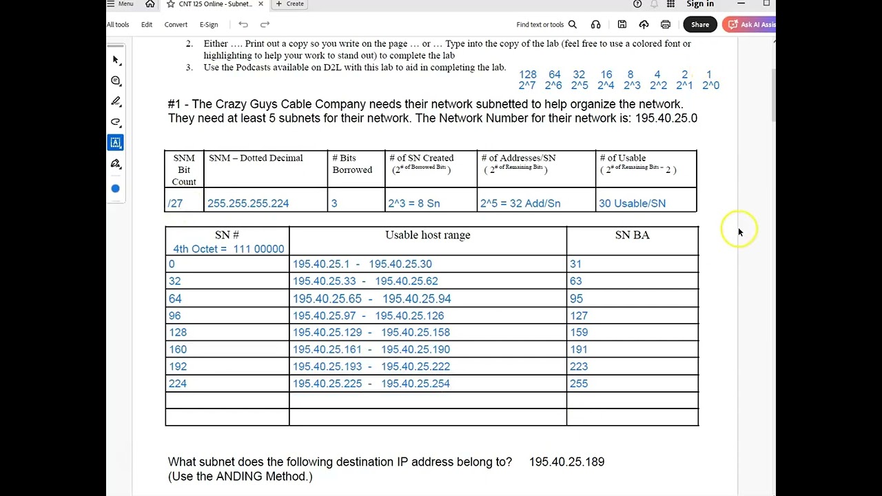 CNT125 Online Subnet Problems Lab 1 Part 1 Sp26