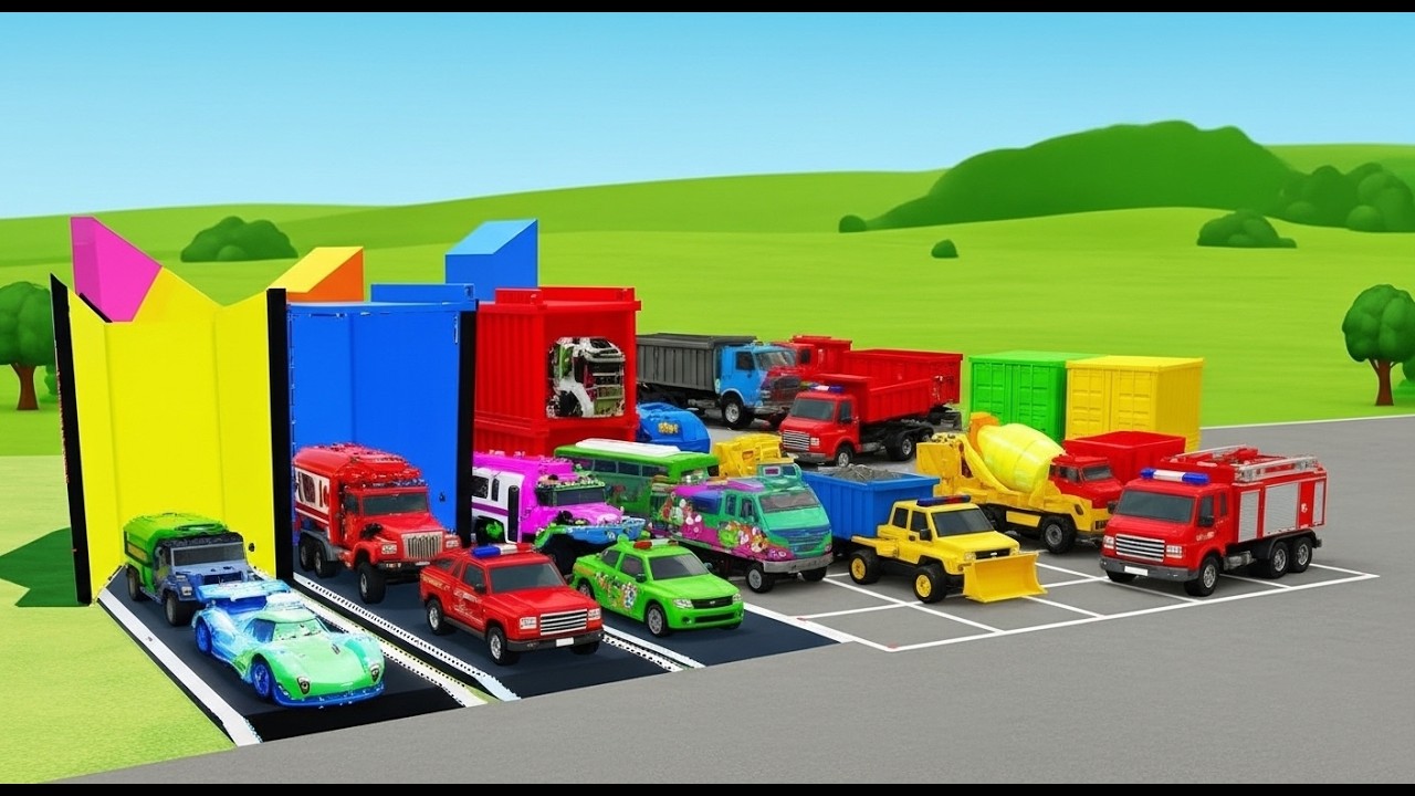 Garage with Colors – POLICE CAR TRANSPORT ACTION 🚛🚓 DOUBLE FLATBED