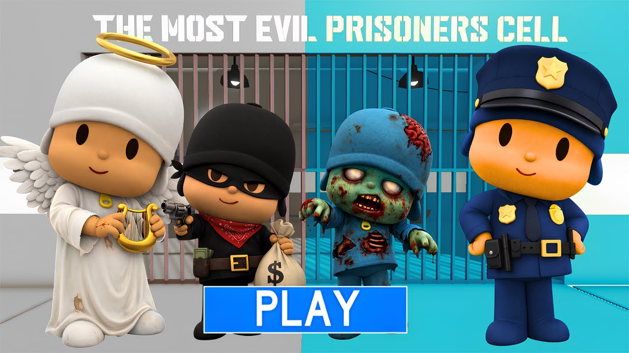 POCOYO ANGEL and POCOYO THIEF VS POCOYO ZOMBIE and POCOYO POLICE in BARRY'S PRISON RUN!