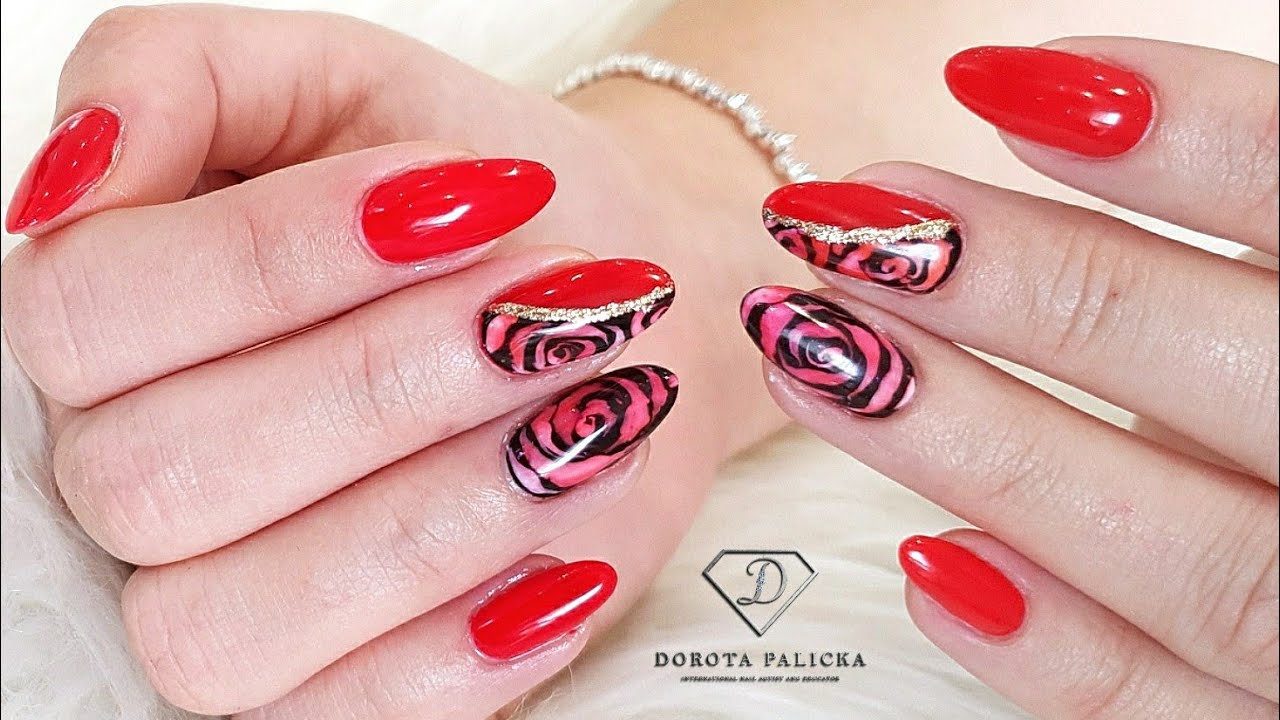 Salon nails. Gel overlay rebalance with red gel polish and roses nail art.