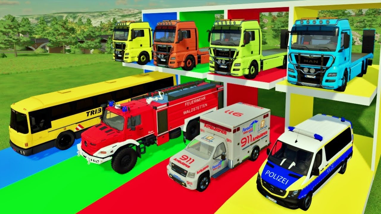 TRANSPORTING BUS, POLICE CARS, AMBULANCE, FIRE DEPARTEMENT, FIRE TRUCK | FS22 | Farming Simulator 22