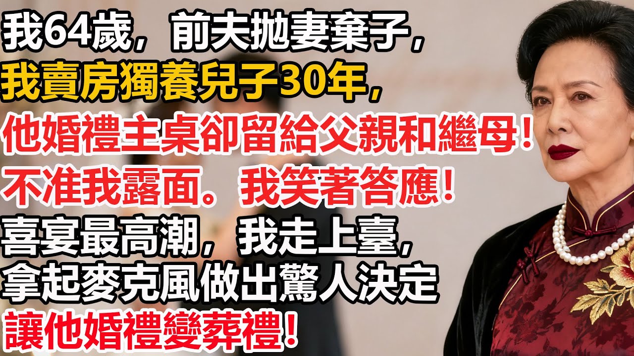 【我64歲】前夫拋妻棄子，我賣房獨養兒子30年，他婚禮主桌卻留給父親和繼母！不准我露面。我笑著答應！喜宴最高潮，我走上臺拿起麥克風做出驚人決定，讓他婚禮變葬禮！
