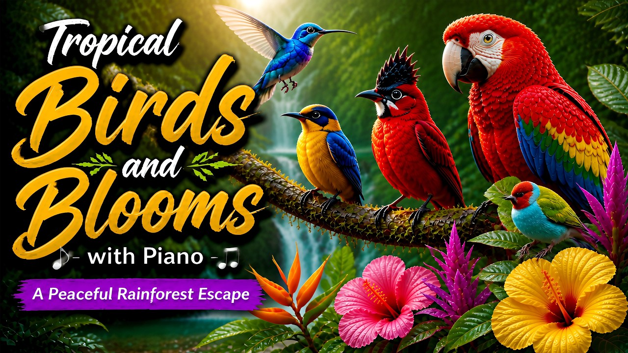 Tropical Birds and Blooms with Piano. A Peaceful Rainforest Escape