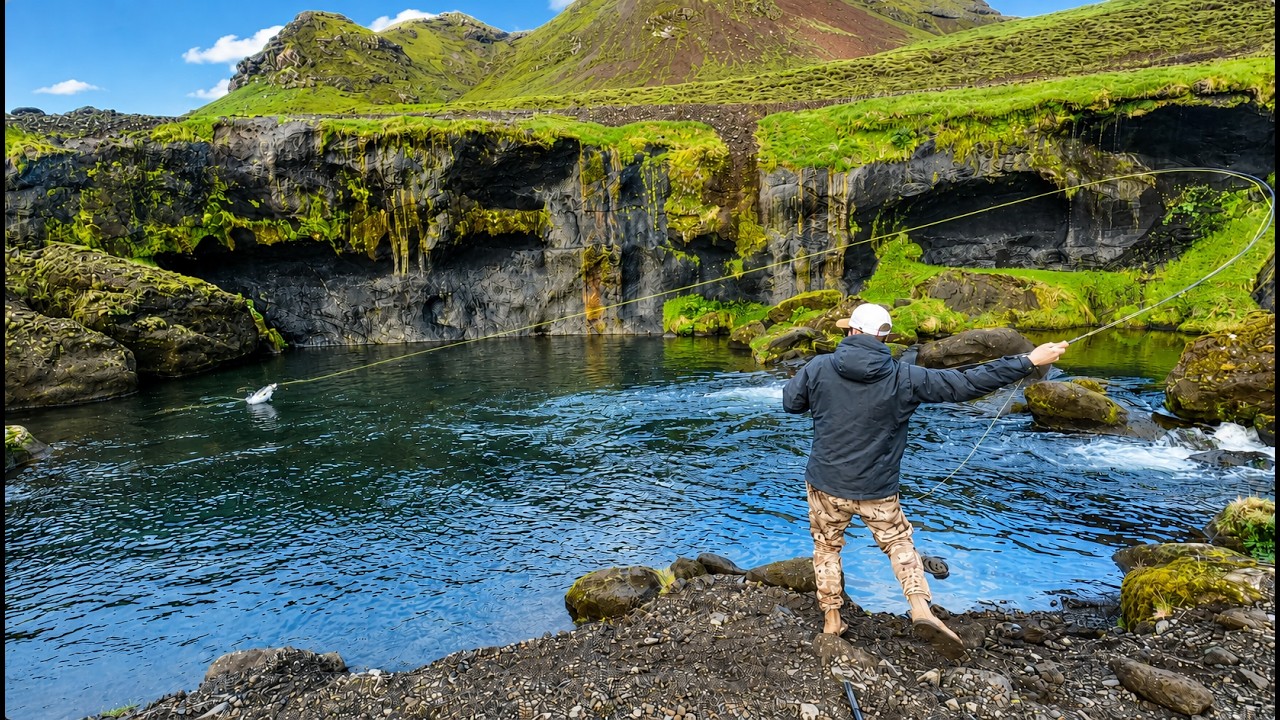 Fishing A Secret Pool in Iceland For Huge Sea Run Brown Trout - Hook Set/Fight/Net/Release 