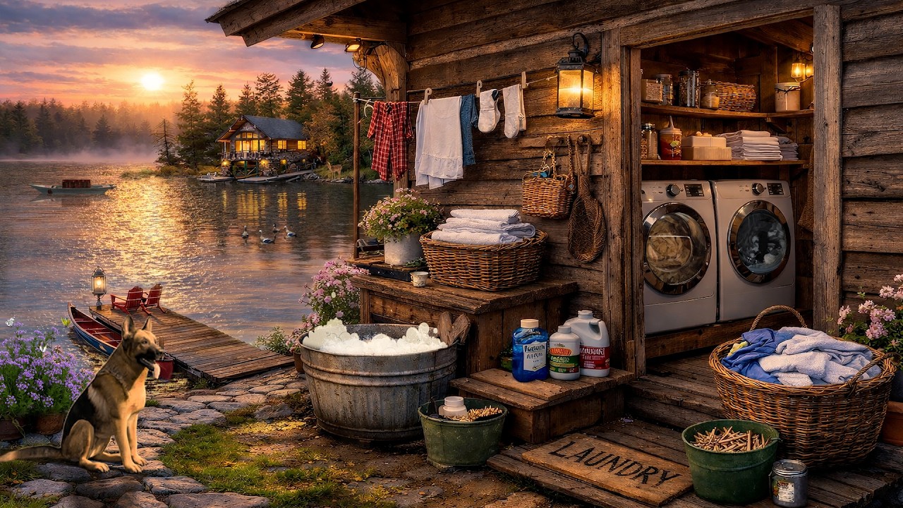 Spring Sunset at a Lakeside Cabin 🌅 Gentle Water Sounds & Cozy Laundry Ambience