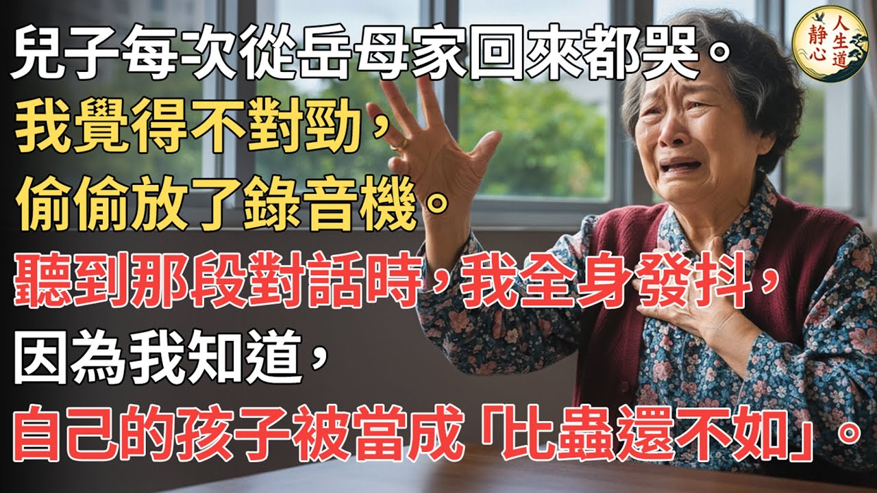 【我66歲】兒子每次從岳母家回來都哭。我覺得不對勁，偷偷放了錄音機。聽到那段對話時，我全身發抖，因為我知道，自己的孩子被當成「比蟲還不如」。【靜心人生道】#靜心人生道 #晚年生活
