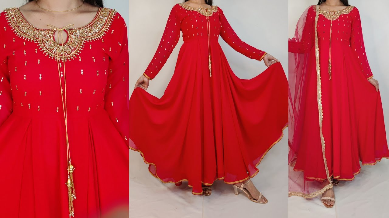Trendy neck umbrella frock cutting and stitching/long frock cutting/anarkali frock cutting #dress