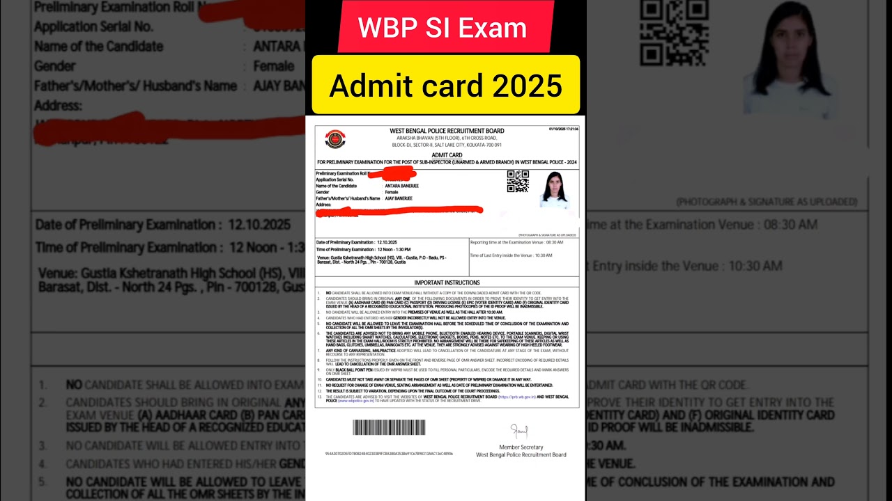 👮🏻My WBP SI Admit Card 2025👮#kolkatapolice #2025 #wbpsi #policelover #viralvideo #shorts