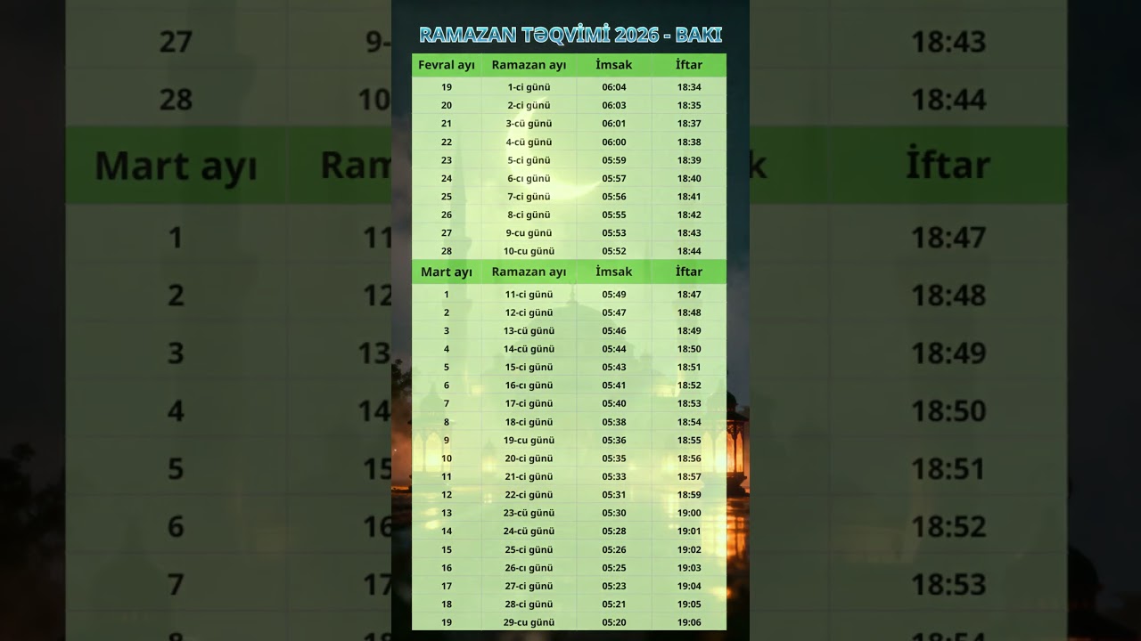 RAMAZAN TƏQVİMİ 2026 | İmsak və İftar Vaxtları #shorts #ramazan #orucluq