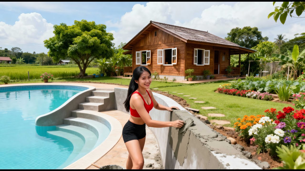 【建築DIY】プールのセメント塗りと階段作り | Build Swimming Pool Cement Plastering and Stairs to the Pool