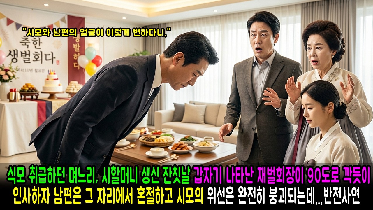 식모 취급하던 며느리, 시할머니 생신 잔칫날 갑자기 나타난 재벌회장이 90도로 깍듯이 인사하자 남편은 그 자리에서 혼절하고 시모의 위선은 완전히 붕괴되는데...