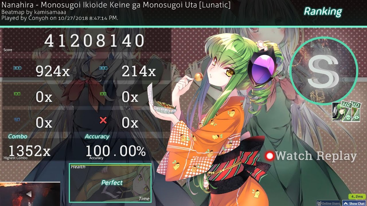 osu! | Conyoh | Nanahira - Monosugoi Ikioide Keine ga Monosugoi Uta [Lunatic] +HD,HR SS 344pp #1