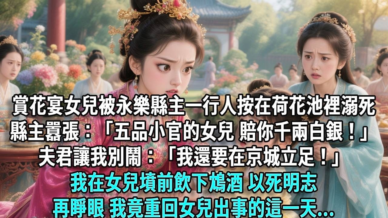 賞花宴上，女兒被永樂縣主一行人按在荷花池裡活活溺死，縣主囂張：「一個五品小官的女兒，賠你千兩白銀！」夫君讓我別鬧：「我還要在京城立足！」我在女兒墳前飲下鴆酒，以死明志。再睜眼，我竟重回女兒出事的這一天