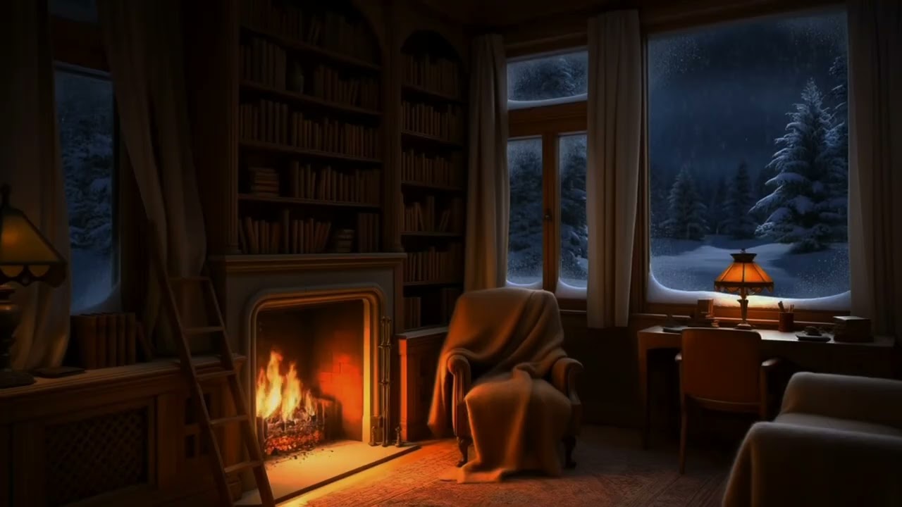 Cozy Library Fireplace with Snow ❄️🔥 #WinterAmbience #CozyVibes #LibraryAesthetic #FireplaceSounds