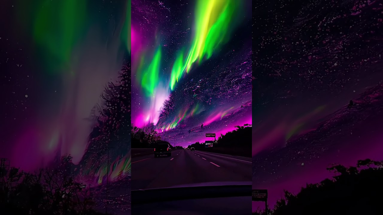 Aurora Borealis Exploding Over Highway | Vibrant Northern Lights Night Drive 4K