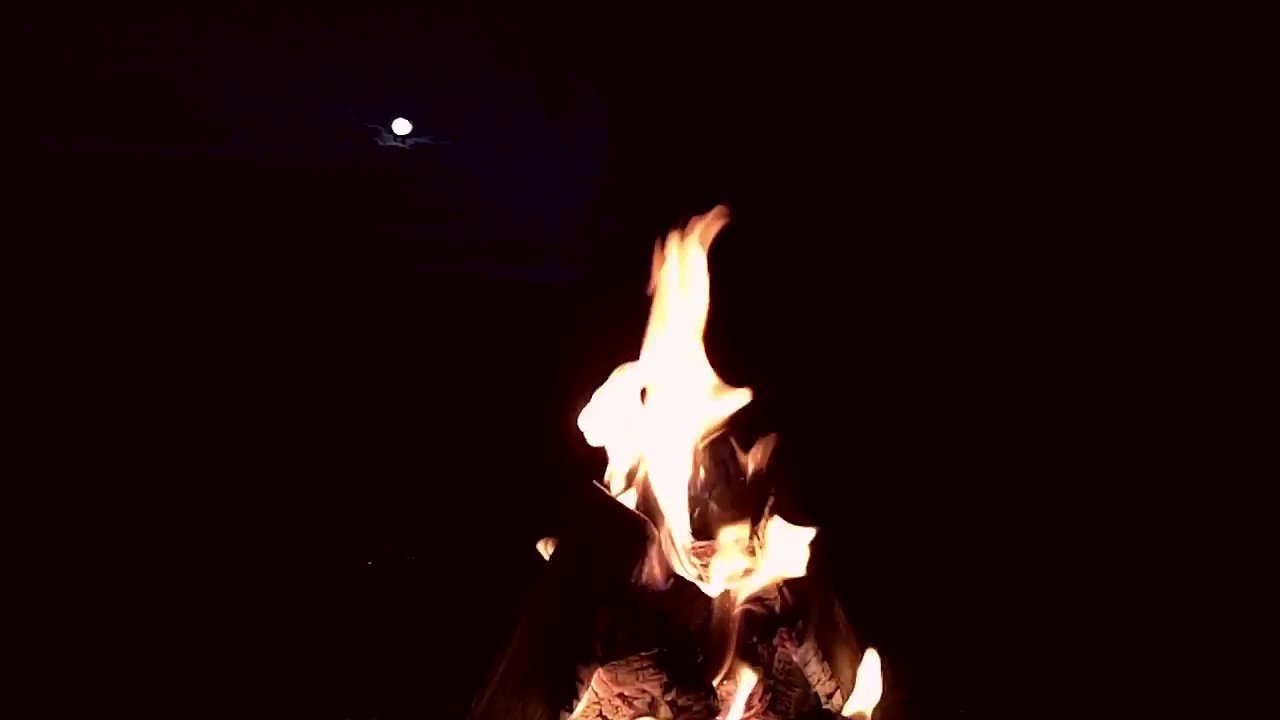Real Campfire at Lakeside with crackling logs and full moon in HD