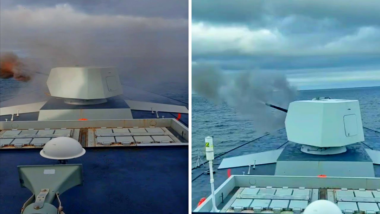 Italian Navy Carlo Bergamini-class FREMM frigate ITS Carlo Margottini (F 592) conducts a gunshoot